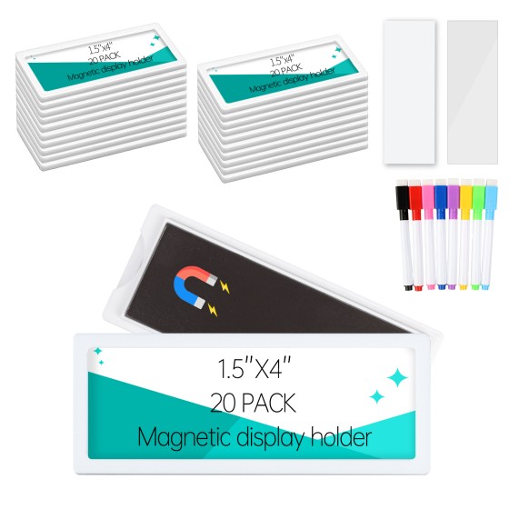 20Pcs Magnetic Plastic Label Holder White 1.5x4 inch for Supermarket Store Price Tag Metal Shelf File Storage Cabinet Drawer Label Tag Resuable with 8 Color Chalk Makers, 20Pcs White Paper