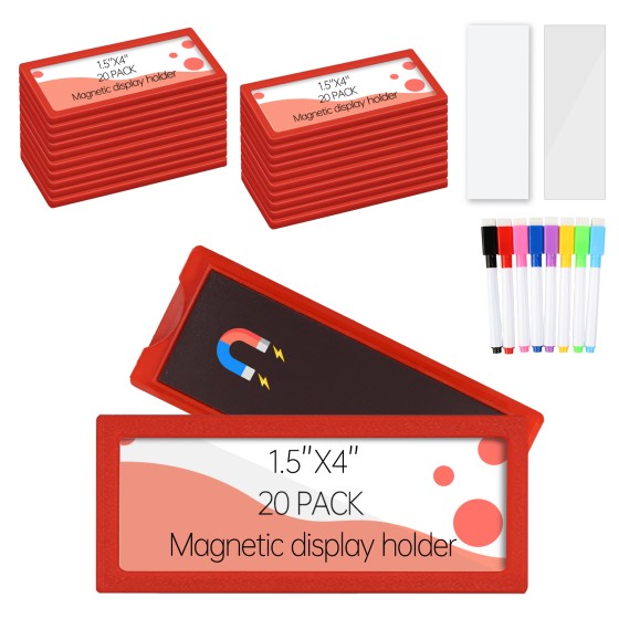 20Pcs Magnetic Plastic Label Holder 1.5x4 inch for Supermarket Store Price Tag Metal Shelf File Storage Cabinet Drawer Label Tag Resuable with 8 Color Chalk Makers, 20Pcs White Paper (Red)