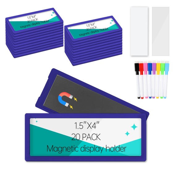 20Pcs Magnetic Plastic Label Holder 1.5x4 inch for Supermarket Store Price Tag Metal Shelf File Storage Cabinet Drawer Label Tag Resuable with 8 Color Chalk Makers, 20Pcs White Paper (Blue)