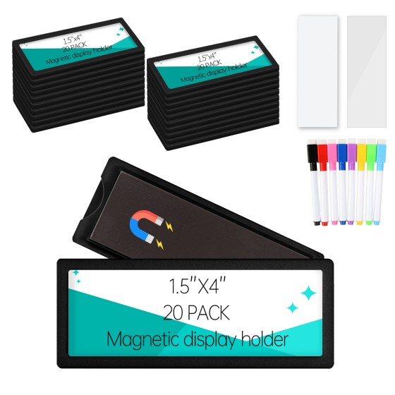 20Pcs Magnetic Plastic Label Holder for Supermarket Store Price Tag Storage Shelf Information Cabinet Label Tag Resuable with 8 Color Chalk Makers, 20Pcs White Paper (Black, 1.5x4)