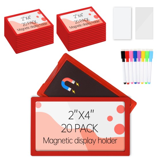20Pcs Magnetic Plastic Label Holder 2x4 inch for Supermarket Store Price Tag, Metal Shelf File Storage Cabinet Drawer Label Tag Resuable with 8 Color Chalk Makers, 20Pcs White Paper (Red)