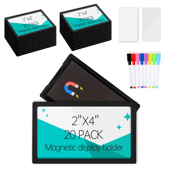 20Pcs 2x4 inch Magnetic Plastic Label Holder for Supermarket Store Price Tag, Metal Shelf File Storage Cabinet Drawer Label Tag Resuable with 8 Color Chalk Makers, 20Pcs White Paper (Black)