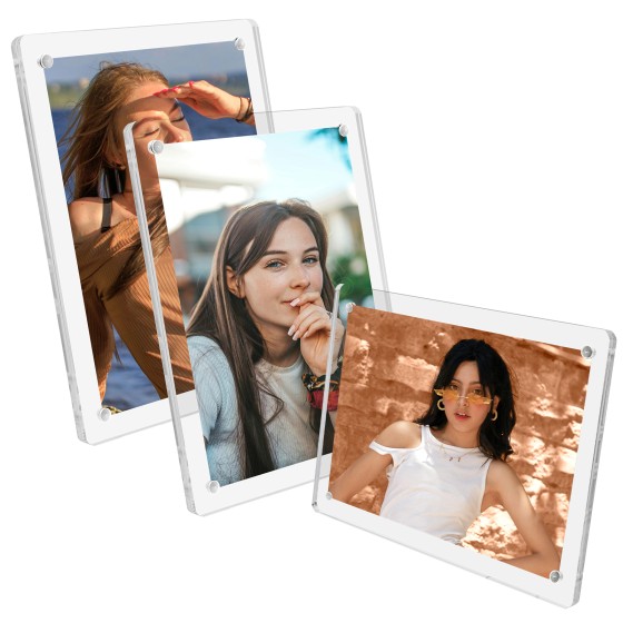 Acrylic Picture Frames 5x7 Set of 3, with Detachable Stand Tabletop and Refrigerator Display Vertical and Horizontal Clear Magnetic Photo Frames for Gift, Office/Home/Kitchen Décor