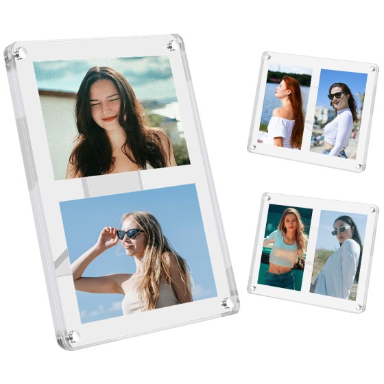 2x3 Acrylic Collage Picture Frames 3 Pack, Magnetic Refrigerator or Tabletop Display Transparent for 2 Photos 2X3 Inch, Vertical and Horizontal for Home/Family