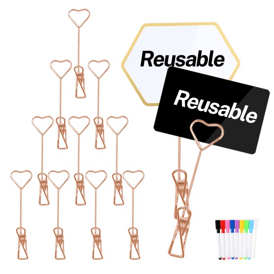 12Pcs Metal Double Sided Reuse Price Tag Holder Clips with 9 Color Chalk Markers and 24Pcs Erasable Tags for Cake Rack Price/Menu/Table Number/Bouquet Card/Picture/Sale Retail Display