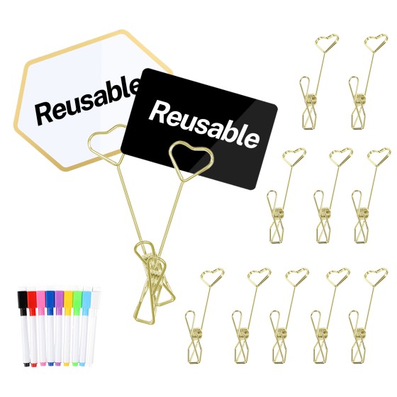 12Pcs Metal Double Sided Reuse Price Tag Holder Clips with 9 Color Chalk Markers and 24Pcs Erasable Tags for Cake Rack Price/Menu/Table Number/Bouquet Card/Picture/Sale Retail Display
