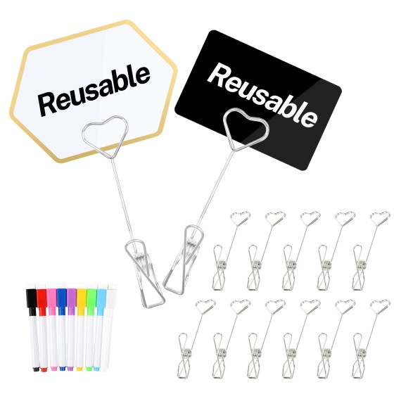 12Pcs Metal Double Sided Reuse Price Tag Holder Clips with 9 Color Chalk Markers and 24Pcs Erasable Tags for Cake Rack Price/Menu/Table Number/Bouquet Card/Picture/Sale Retail Display