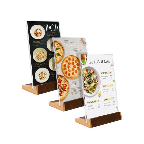 Acrylic Sign Holder 5X7 Inch with Wood-Color Base, Clear Vertical Tabletop Display Stand for Menu, Flyer, Photo, Stable Frame for Restaurant, Coffee Shop, Hotel, Office, Easy Use 3 Pack