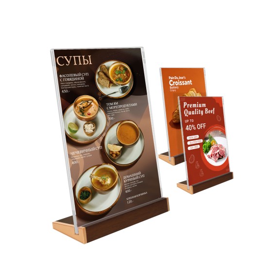 Acrylic Sign Holder 8.5 x 11 Inch with Wood-Color Base, Vertical Clear Tabletop Display Stand for Menu, Flyer, Photo, Stable Frame for Restaurant, Coffee Shop, Hotel, Office, Easy Use 3 Pack