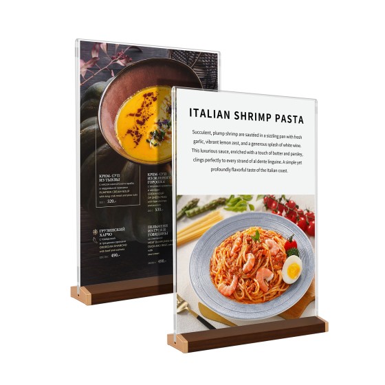 Acrylic Sign Holder 8.5 x 11 Inch with Wood-Color Base, Vertical Clear Tabletop Double-side Display Stand for Menu, Flyer, Stable Noticeboard for Restaurant, Stall, Hotel, Office, 2 Pack