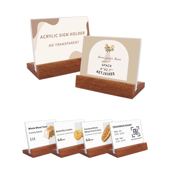 6 Pack Horizontal Acrylic Sign Holder with Wood Base 3.94x2.76 Inch Clear Tabletop Label Holder for Retail Store/Hotel/Restaurant Product Tag Note Place Card Name Sign Display
