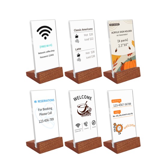 6 Pack Small Acrylic Sign Holder with Wood Base 2.36x3.94 Inch Clear Tabletop Label Holder for Retail Store/Hotel/Restaurant Price Tag Note Place Card Name Sign Display