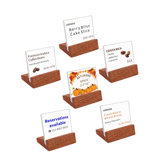 6 Pack Mini Acrylic Sign Holder with Wood Base 2.36x1.97 Inch Clear Tabletop Label Holder for Retail Store/Hotel/Restaurant Price Tag Note Place Card Name Sign Display