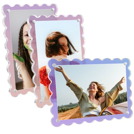Acrylic Picture Frames 3 Pack 4x6 inch Scalloped Iridescent with Detachable Stand, Vertical and Horizontal Tabletop Display, Magnetic Photo Frames for Café School Home