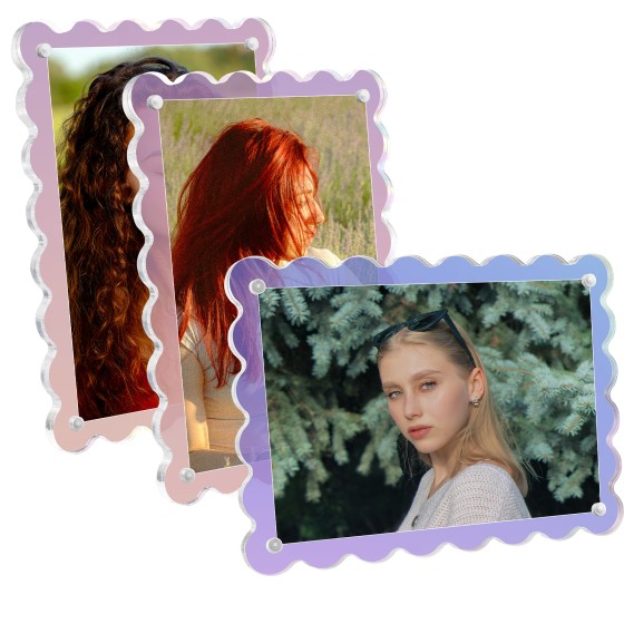 Acrylic Picture Frames 3 Pack 5x7 inch Scalloped Iridescent with Detachable Stand, Vertical and Horizontal Tabletop Display, Magnetic Photo Frames for Café School Home