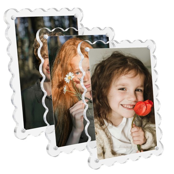 3 Pack Acrylic Picture Frames 4x6 Scalloped with Detachable Brackets, Vertical and Horizontal Tabletop Display, Clear Magnetic Photo Frames for Office School Home Family