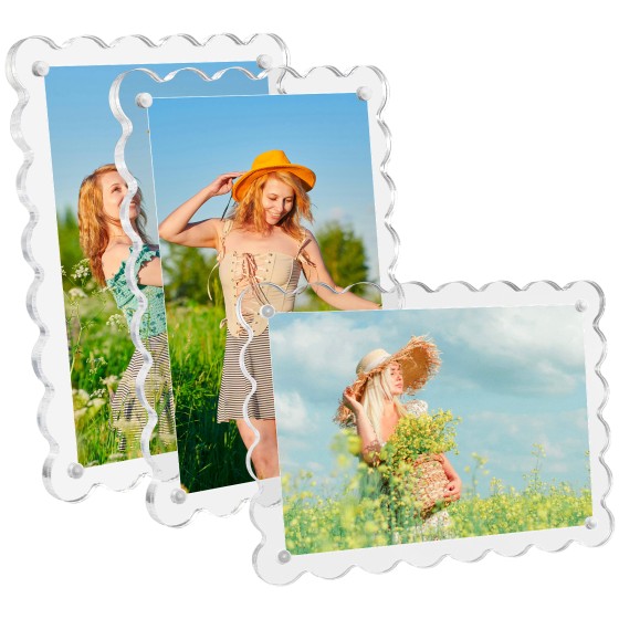 Acrylic Picture Frames 3 Pack 5x7 Scalloped with Detachable Brackets, Vertical and Horizontal Tabletop Display, Clear Magnetic Photo Frames for Office School Home